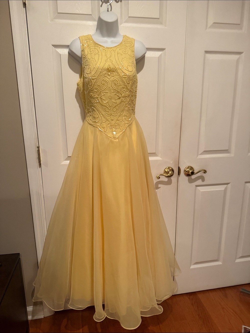 Yellow Beaded Sleeveless Prom Gown